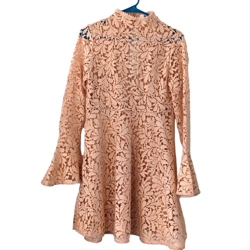 Airlie lace flared A-line dress with turtleneck and bell sleeves